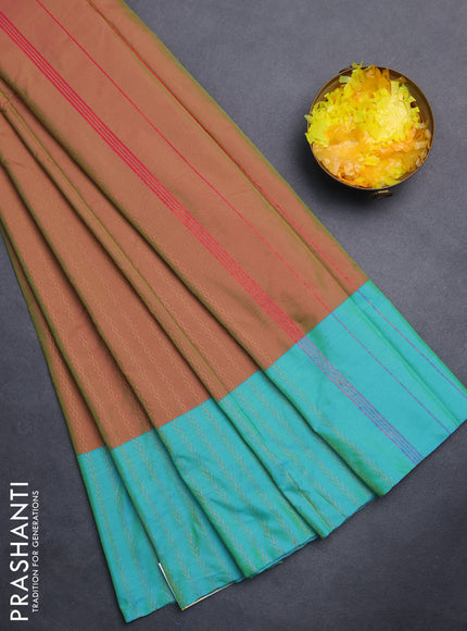 Arani semi silk saree dual shade of greenish pink and teal blue with allover copper zari weaves and copper zari woven border