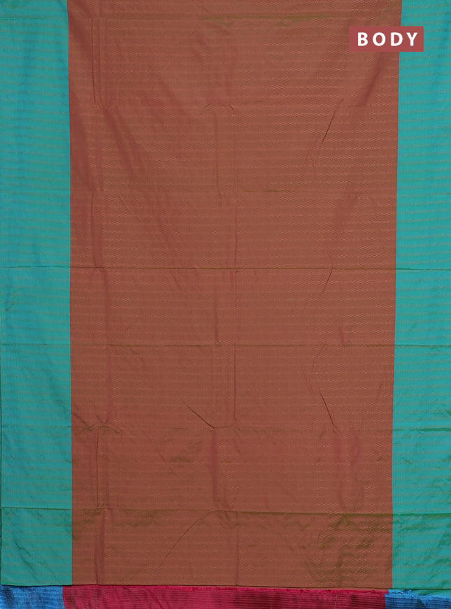 Arani semi silk saree dual shade of greenish pink and teal blue with allover copper zari weaves and copper zari woven border