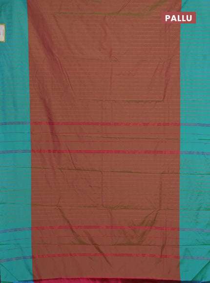 Arani semi silk saree dual shade of greenish pink and teal blue with allover copper zari weaves and copper zari woven border