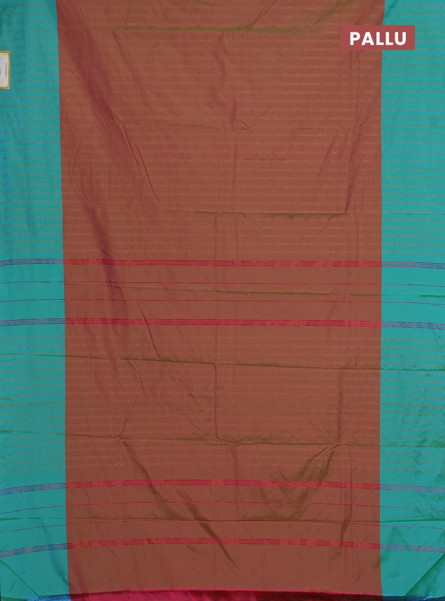 Arani semi silk saree dual shade of greenish pink and teal blue with allover copper zari weaves and copper zari woven border