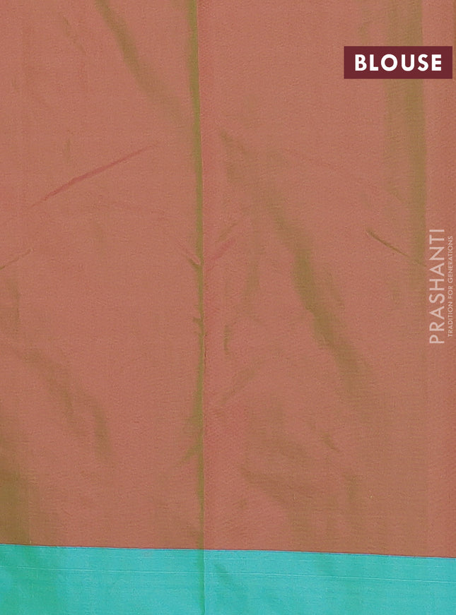 Arani semi silk saree dual shade of greenish pink and teal blue with allover copper zari weaves and copper zari woven border