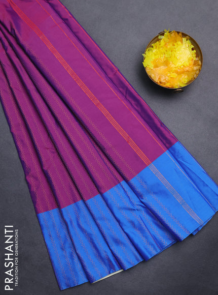 Arani semi silk saree purple and cs blue with allover copper zari weaves and copper zari woven border