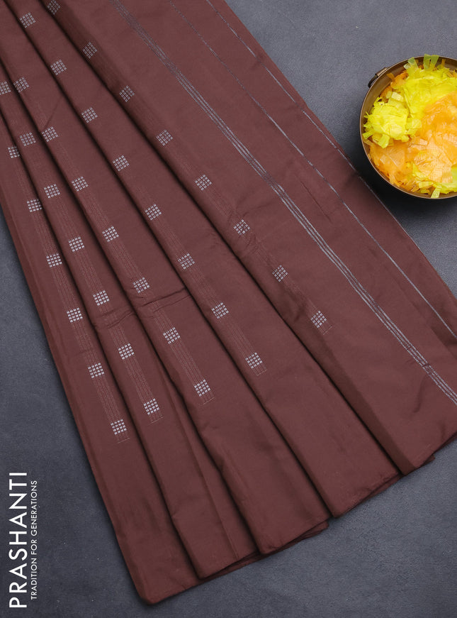 Arani semi silk saree brown with silver zari woven buttas in borderless style