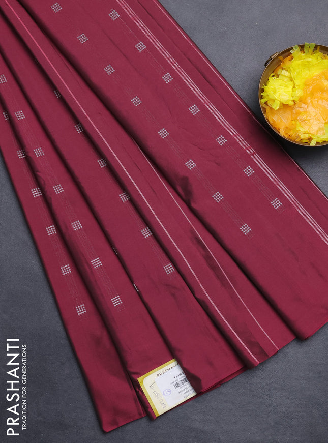 Arani semi silk saree dark magenta pink with silver zari woven buttas in borderless style
