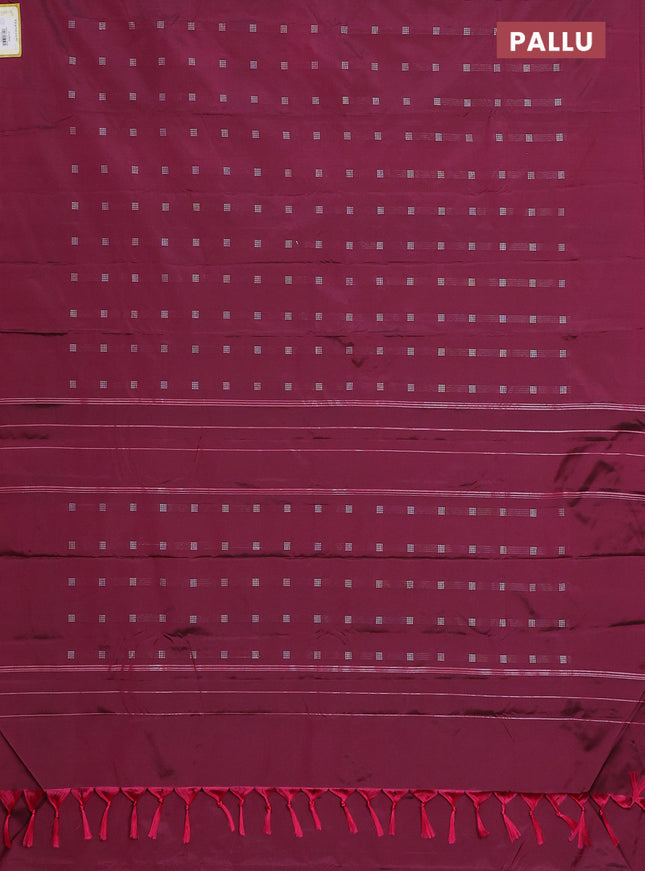 Arani semi silk saree dark magenta pink with silver zari woven buttas in borderless style