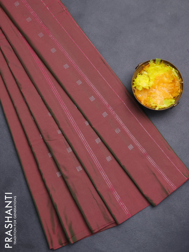 Arani semi silk saree dual shade of pinkish green with silver zari woven buttas in borderless style