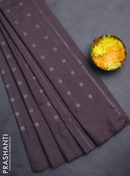 Arani semi silk saree deep coffee brown with silver zari woven buttas in borderless style