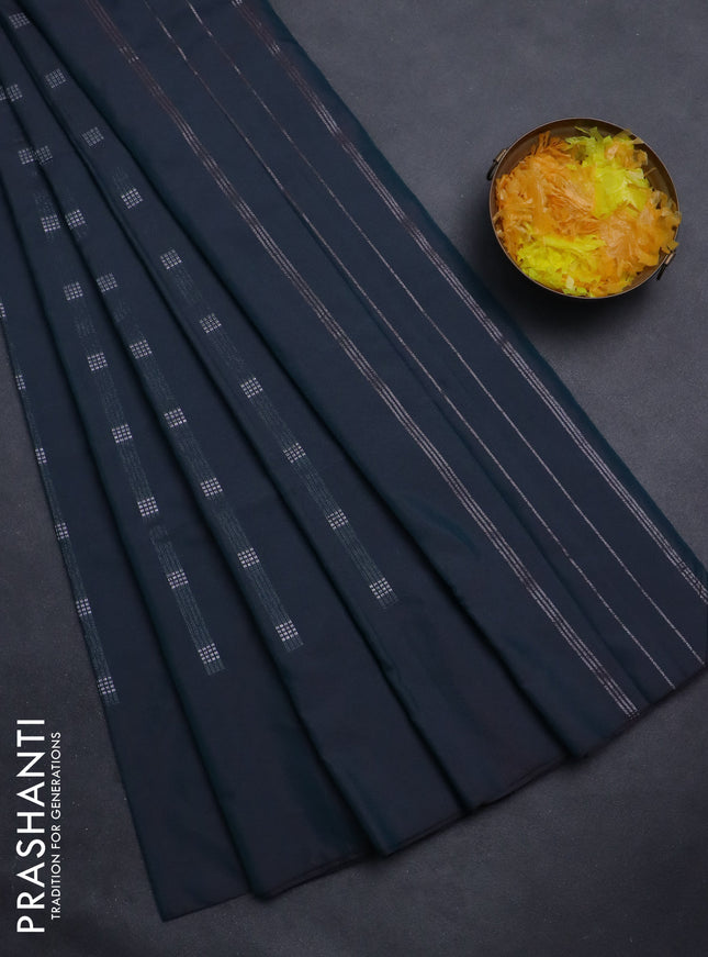 Arani semi silk saree dual shade of peacock green with silver zari woven buttas in borderless style