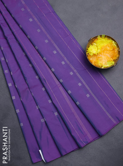 Arani semi silk saree dual shade of purple with silver zari woven buttas in borderless style