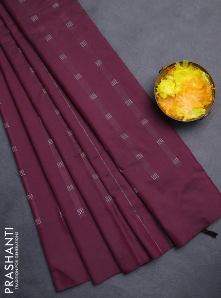 Arani semi silk saree wine shade with silver zari woven buttas in borderless style