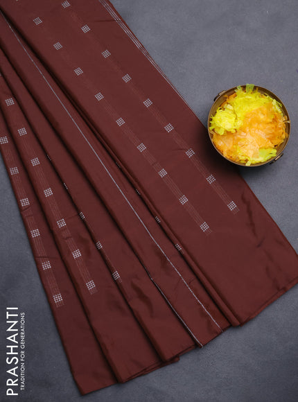Arani semi silk saree rustic brown with silver zari woven buttas in borderless style