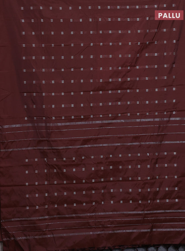 Arani semi silk saree rustic brown with silver zari woven buttas in borderless style