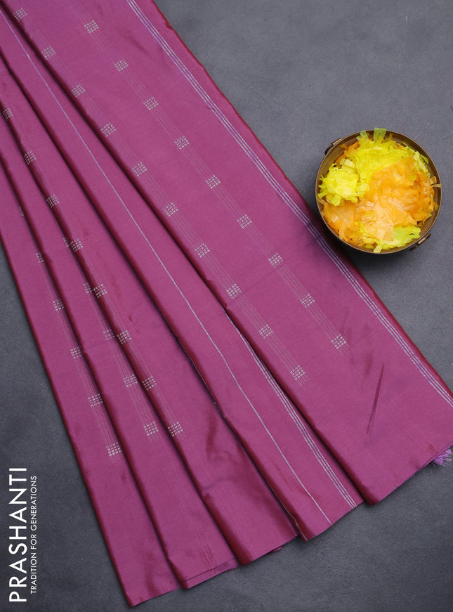 Arani semi silk saree dark pink with silver zari woven buttas in borderless style