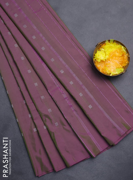 Arani semi silk saree dual shade of greenish purple with silver zari woven buttas in borderless style