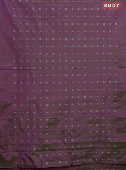 Arani semi silk saree dual shade of greenish purple with silver zari woven buttas in borderless style