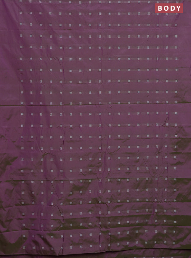 Arani semi silk saree dual shade of greenish purple with silver zari woven buttas in borderless style