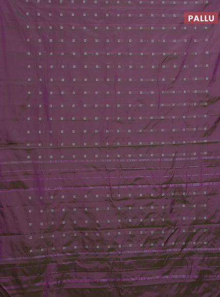 Arani semi silk saree dual shade of greenish purple with silver zari woven buttas in borderless style