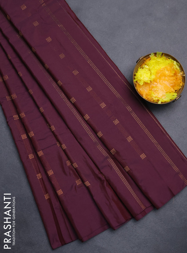 Arani semi silk saree wine shade with copper zari woven buttas in borderless style