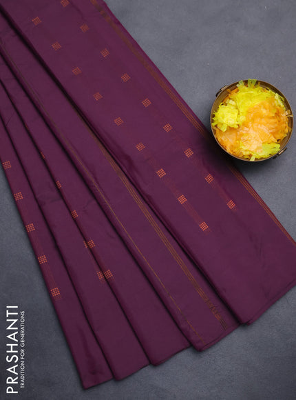Arani semi silk saree wine shade with copper zari woven buttas in borderless style