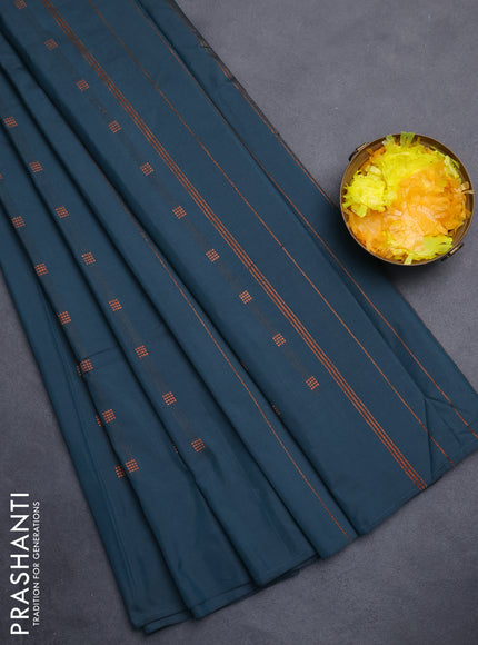 Arani semi silk saree peacock green with copper zari woven buttas in borderless style