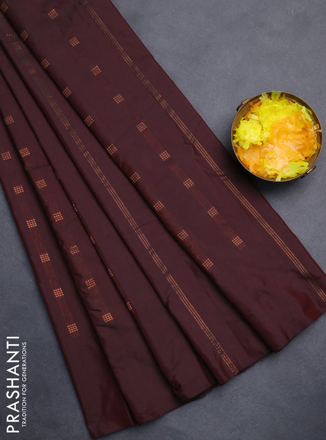 Arani semi silk saree deep maroon with copper zari woven buttas in borderless style