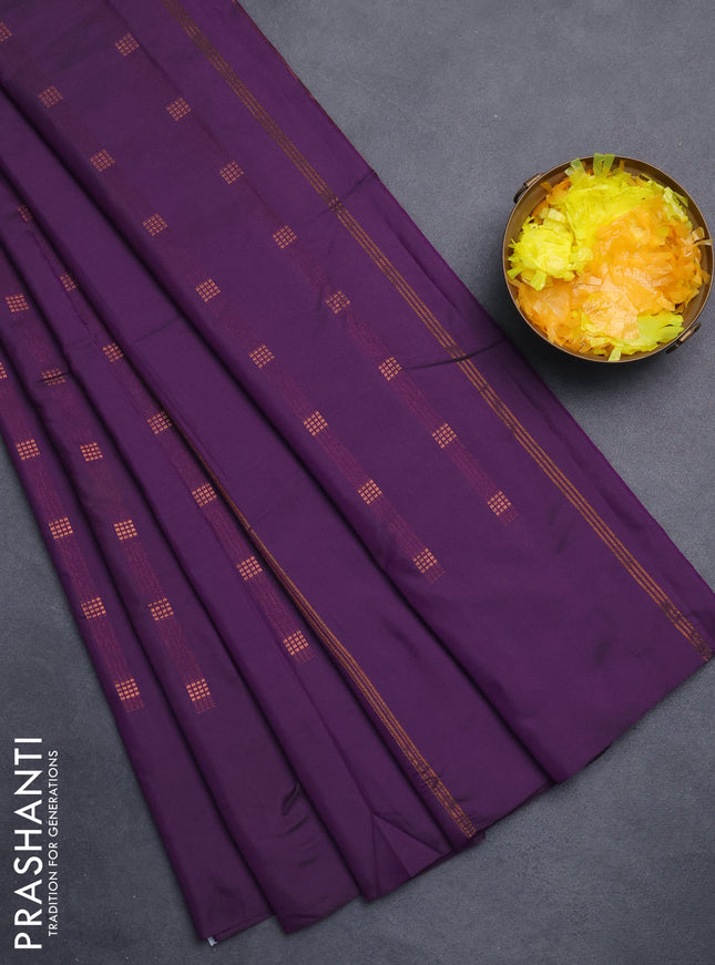 Arani semi silk saree deep purple with copper zari woven buttas in borderless style