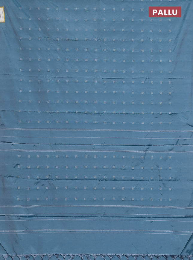 Arani semi silk saree blue shade with silver zari woven buttas in borderless style