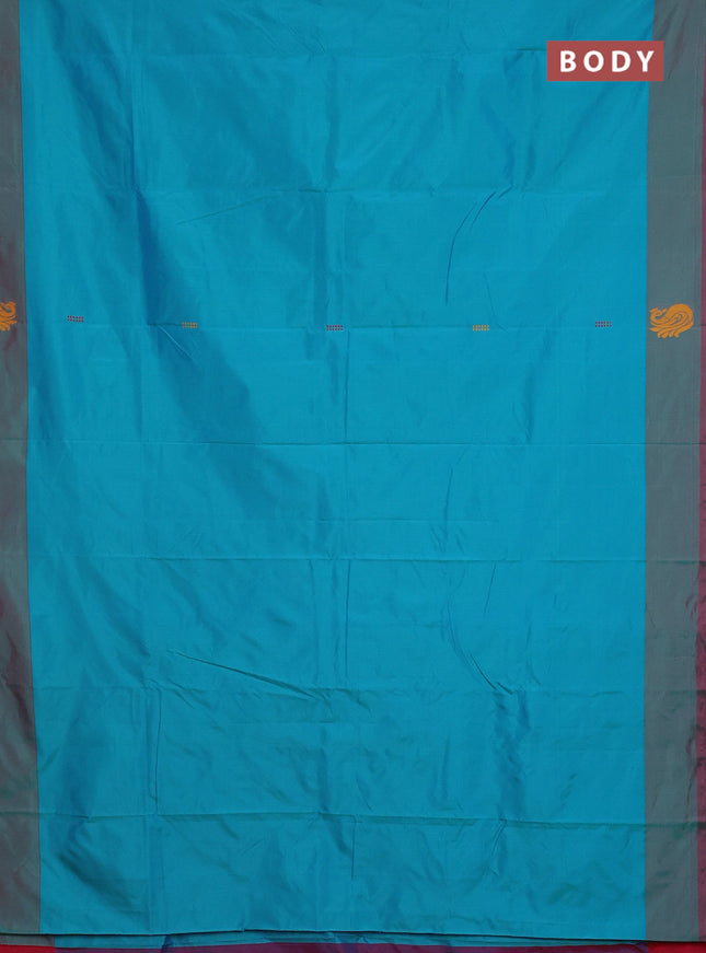 Arani semi silk saree teal blue shade and pink with thread woven buttas and thread woven butta border