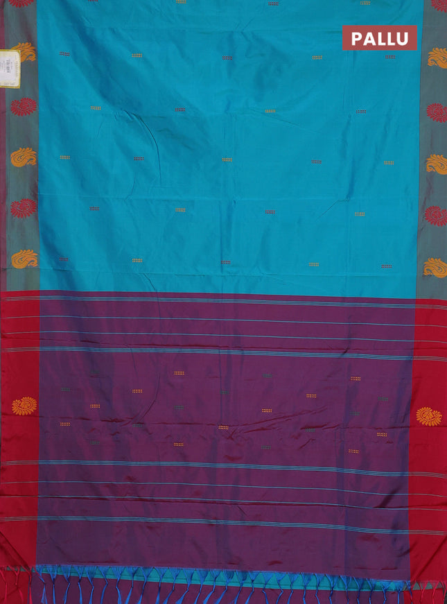 Arani semi silk saree teal blue shade and pink with thread woven buttas and thread woven butta border