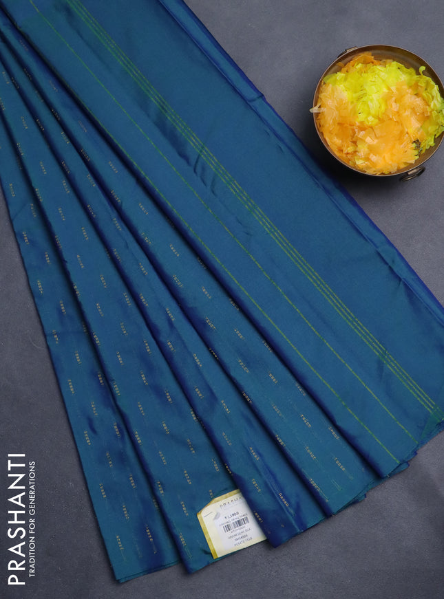 Arani semi silk saree dual shade of bluish green with zari woven buttas in borderless style