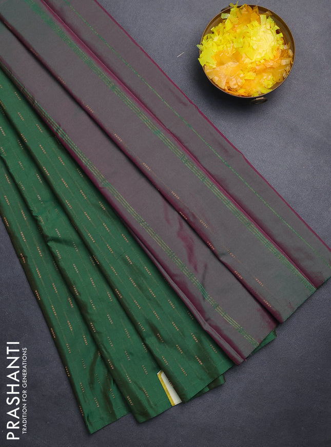 Arani semi silk saree green with zari woven buttas in borderless style