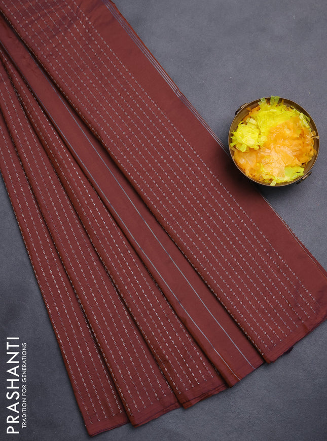 Arani semi silk saree rustic brown with allover silver zari weaves in borderless style