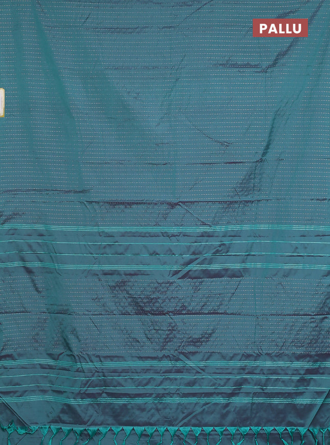 Arani semi silk saree dual shade of teal green with allover silver zari weaves in borderless style