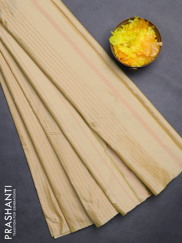 Arani semi silk saree pale yellow with allover copper zari weaves in borderless style