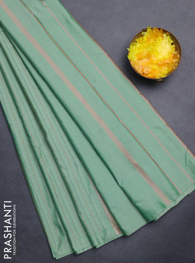 Arani semi silk saree green shade with allover thread weaves in borderless style