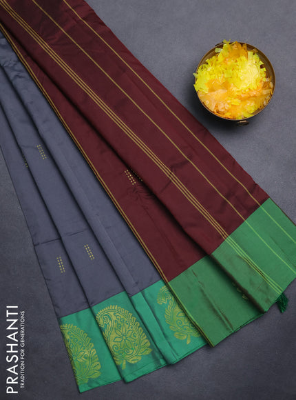 Arani semi silk saree grey and green with zari woven buttas and paisley zari woven butta border