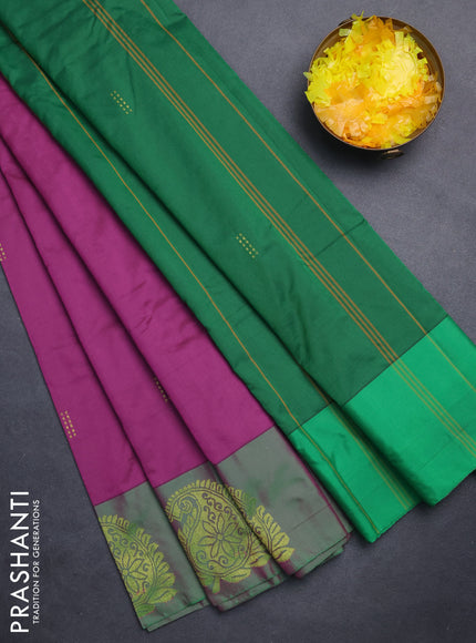 Arani semi silk saree purple and dual shade of green with zari woven buttas and paisley zari woven butta border
