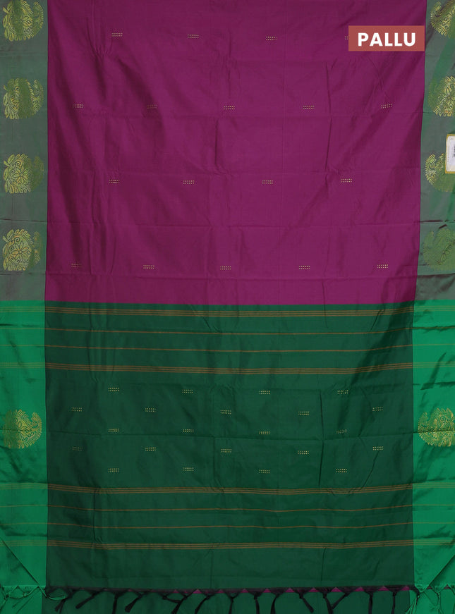Arani semi silk saree purple and dual shade of green with zari woven buttas and paisley zari woven butta border