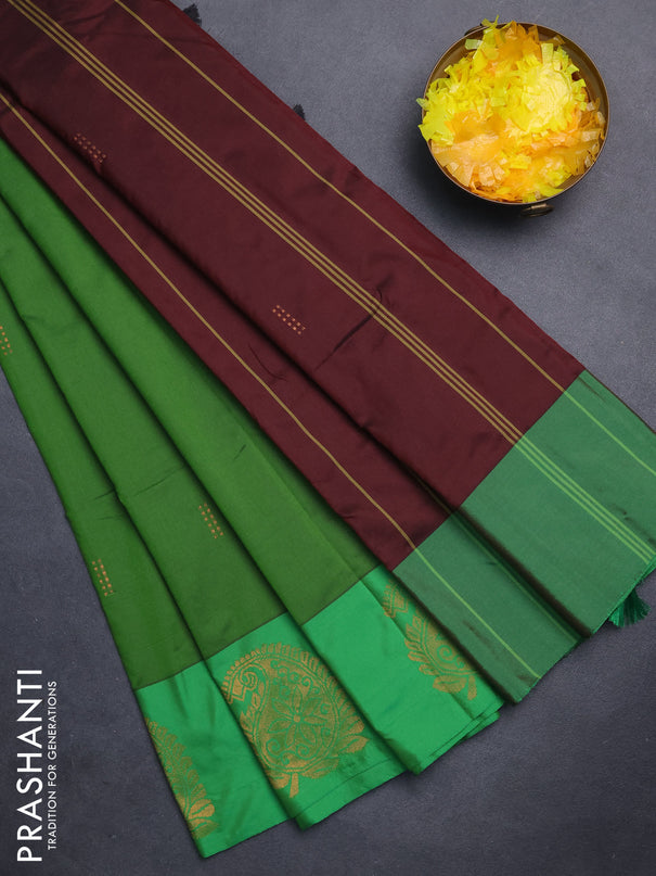Arani semi silk saree green with zari woven buttas and paisley zari woven butta border