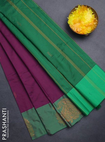 Arani semi silk saree purple and green with zari woven buttas and paisley zari woven butta border