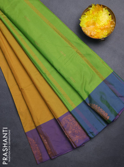 Arani semi silk saree yellow and violet with zari woven buttas and paisley zari woven butta border