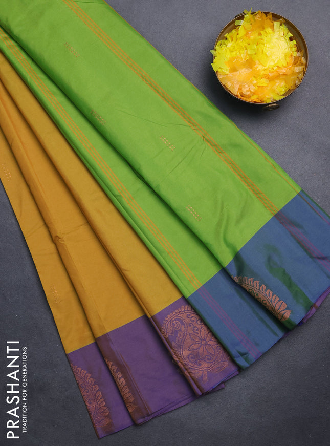 Arani semi silk saree yellow and violet with zari woven buttas and paisley zari woven butta border