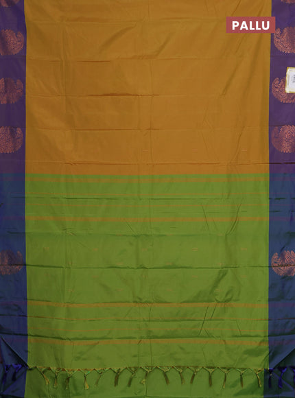 Arani semi silk saree yellow and violet with zari woven buttas and paisley zari woven butta border