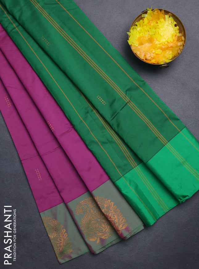 Arani semi silk saree dark magenta pink and dual shade green with zari woven buttas and paisley zari woven butta border