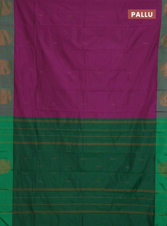 Arani semi silk saree dark magenta pink and dual shade green with zari woven buttas and paisley zari woven butta border