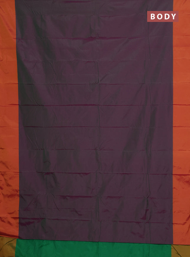 Arani semi silk saree dual shade of greenish purple and sunset orange with zari woven buttas and paisley zari woven butta border