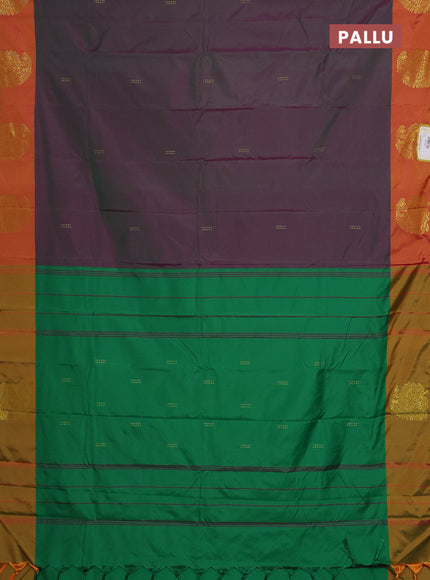 Arani semi silk saree dual shade of greenish purple and sunset orange with zari woven buttas and paisley zari woven butta border