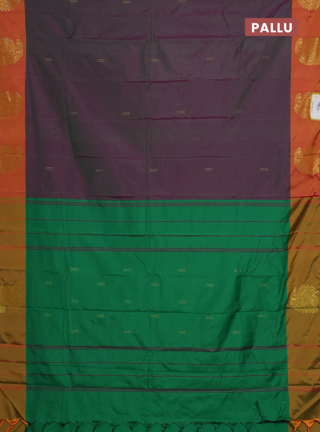 Arani semi silk saree dual shade of greenish purple and sunset orange with zari woven buttas and paisley zari woven butta border
