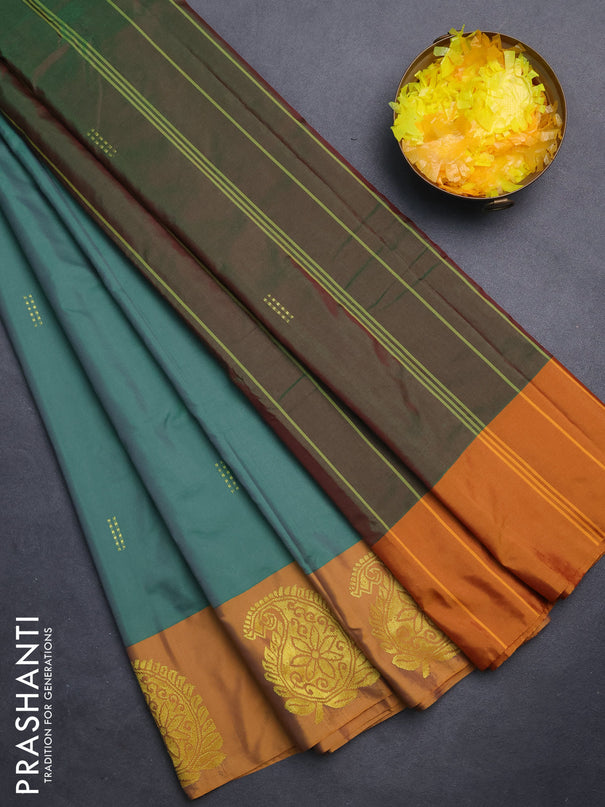 Arani semi silk saree teal green and mustard yellow with zari woven buttas and paisley zari woven butta border