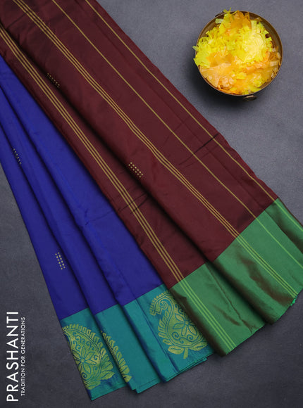 Arani semi silk saree blue shade and green with zari woven buttas and paisley zari woven butta border